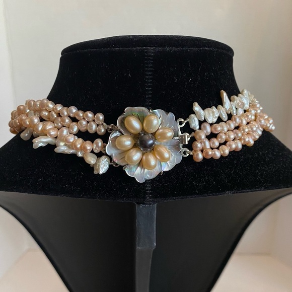 Freshwater Pearl Multistrand Necklace Abalone Shell Flower Clasp Sterling Silver - Picture 4 of 16